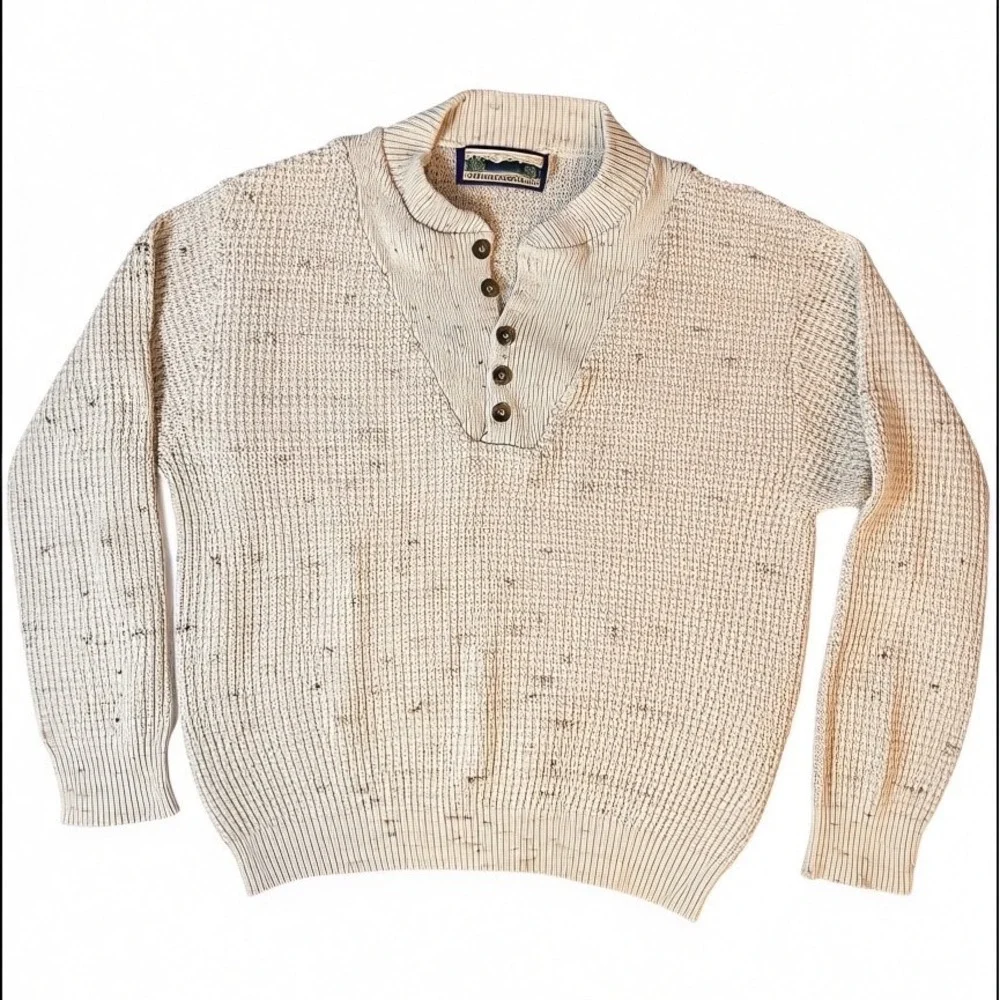 Shenandoah Mens Medium Beige Speckled Henley Mock Neck Knit Sweater USA